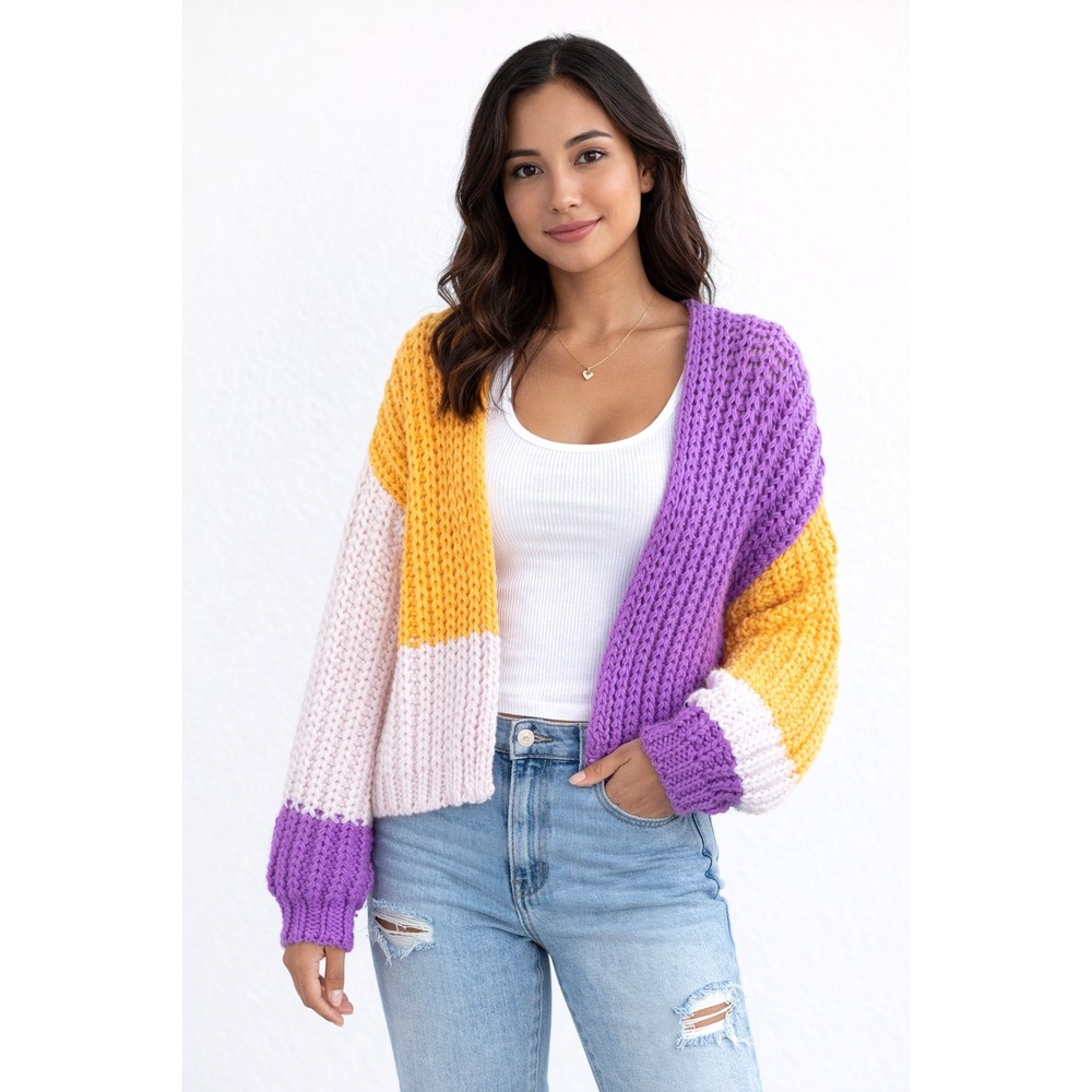 NWT Chunky Knit Cardigan Orange Color Block  S Slouchy Wild Fable Pastel Sweater
